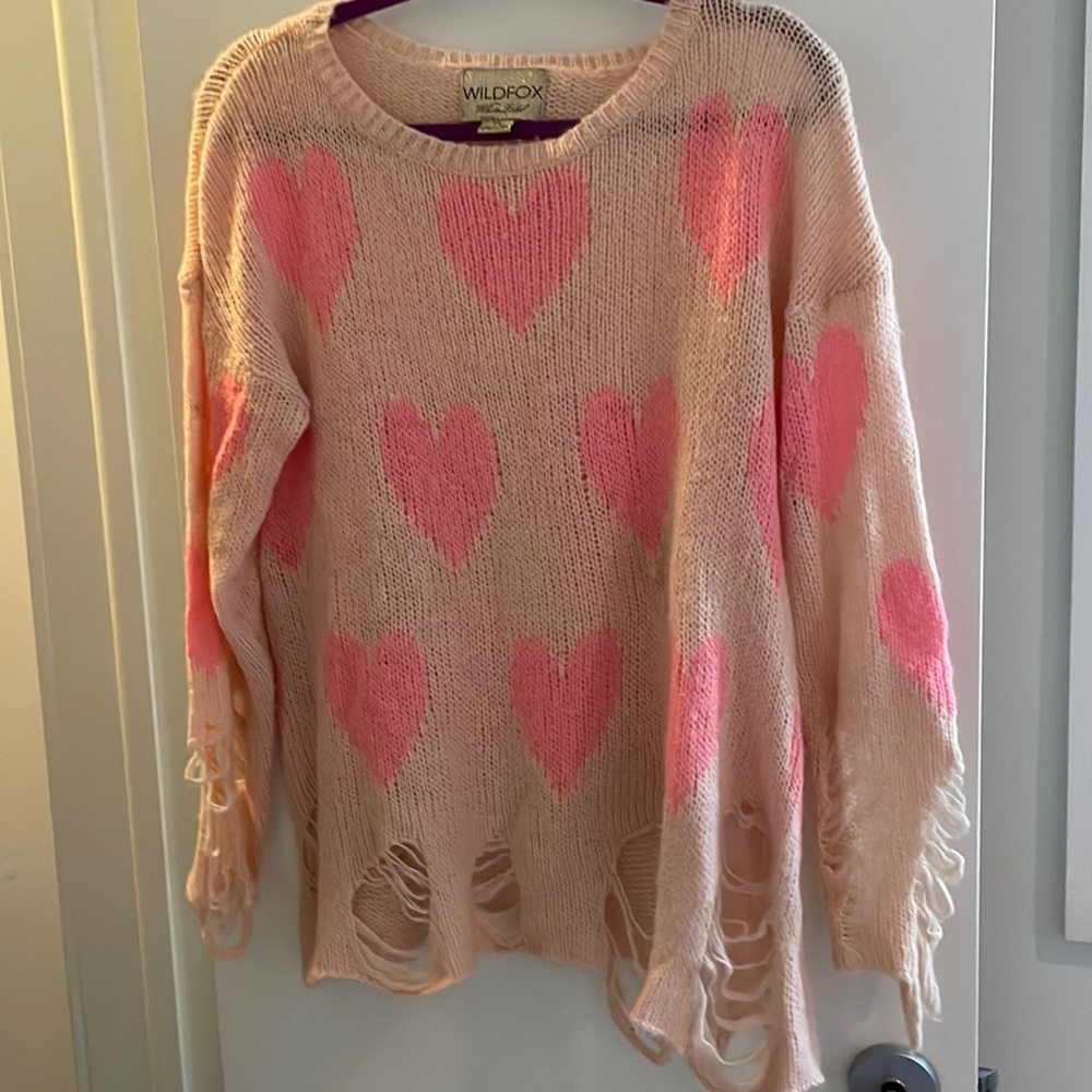 Wildfox Distressed Open Weave Heart Sweater XS
